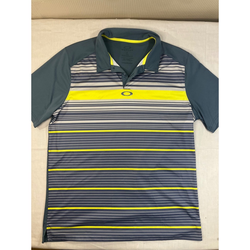 Oakley Mens Regular Fit Striped Performance Golf Polo Shirt Gray‎ Yellow Large
